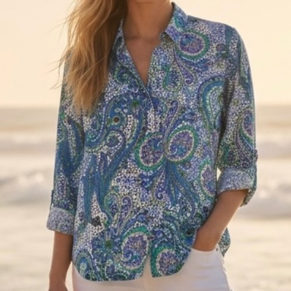 Chicos Button Down Shirt Womens Sz 2 /US Lg 12 Blue Green Paisley Cotton Beachy